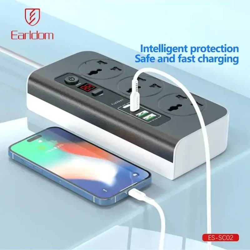 Prise de Courant Earldom ES-SC02 3 Ports + 2 USB + 2 USB-C Noir en Tunisie