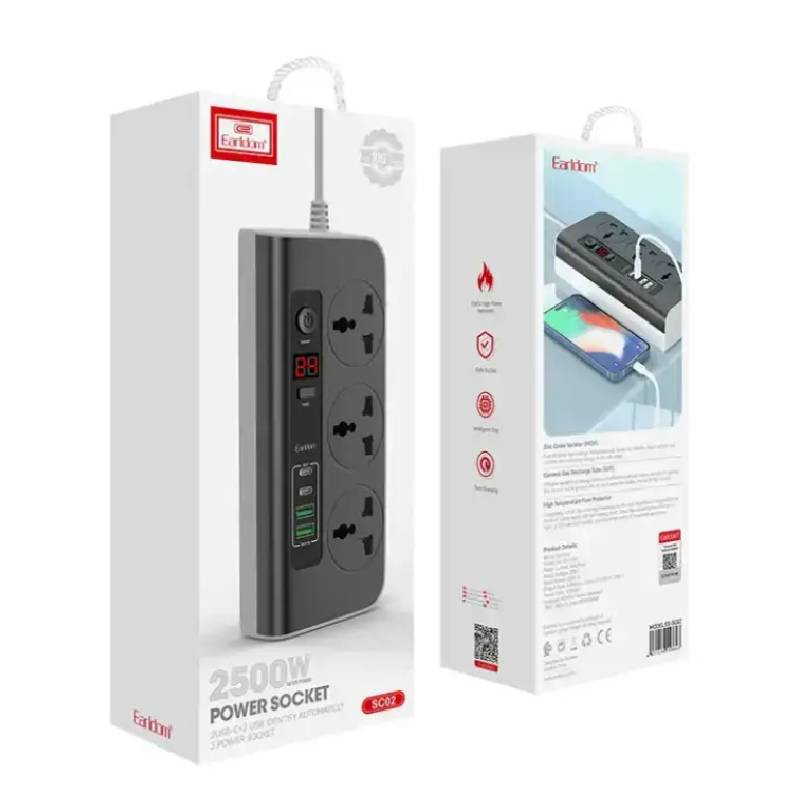 Prise de Courant Earldom ES-SC02 3 Ports + 2 USB + 2 USB-C Noir en Tunisie