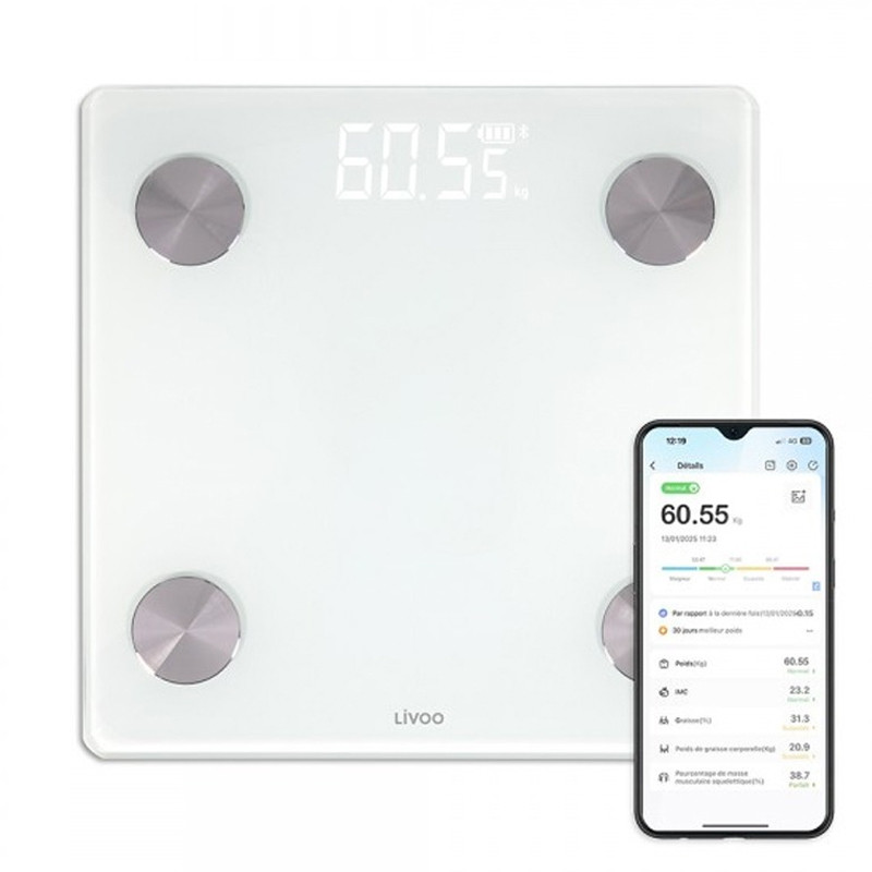 Pèse Personne Impédancemètre Connecté Livoo DOM528W 180 Kg Blanc En Tunisie