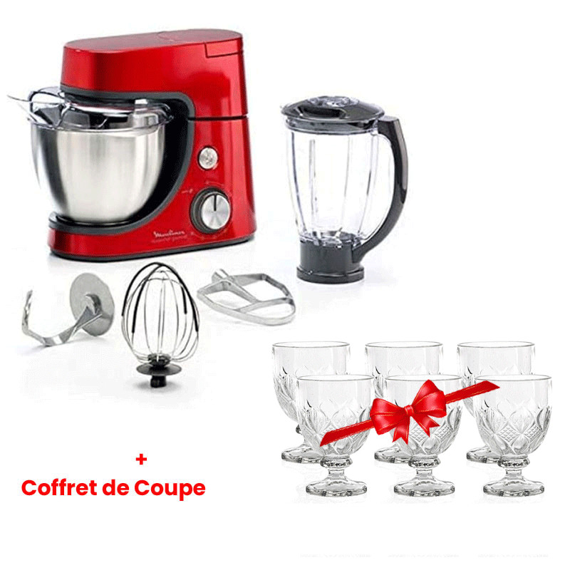Robot Pétrin Moulinex 1100W Bol 4,6L 6 Vitesses + Blender 1,5L - Rouge