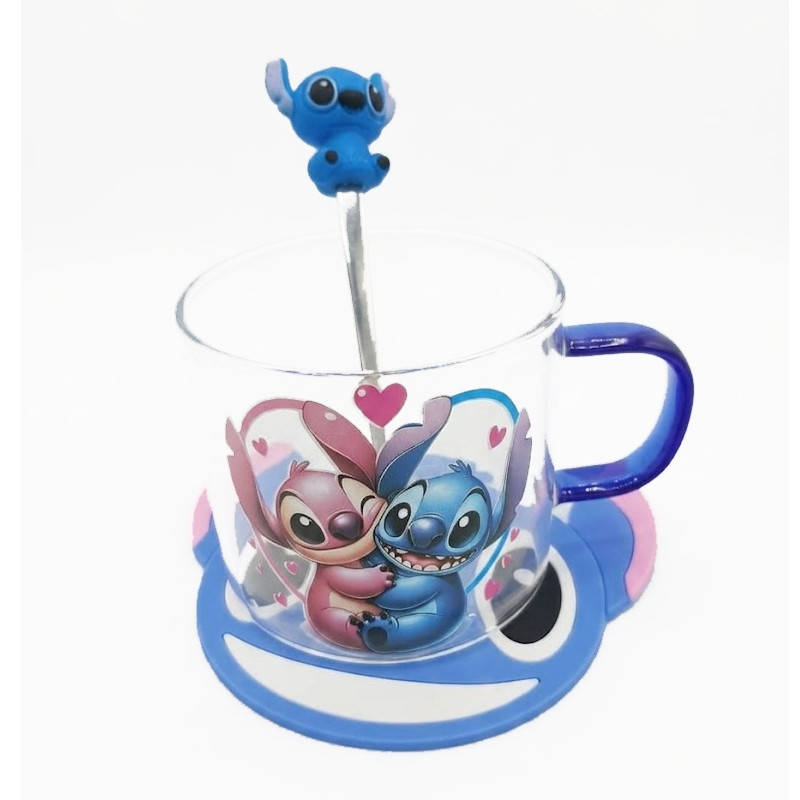 Mugs Avec Cuillère Et Sous-Verre Décorative Stitch Bleu En Verre