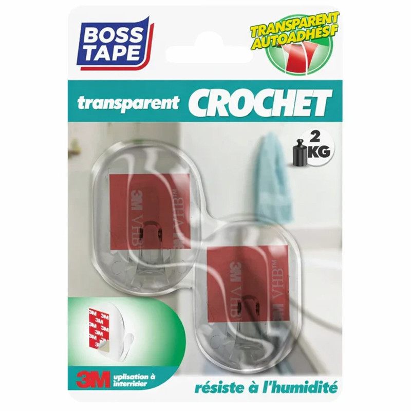 Pack de 2 Crochets Mural Boss Tape 33×44 mm Transparent En Tunisie