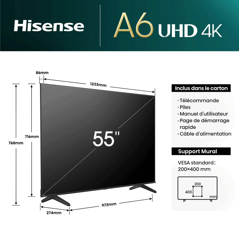 TV Hisense 55" A6N 4K UHD Smart Tv Noir en Tunisie