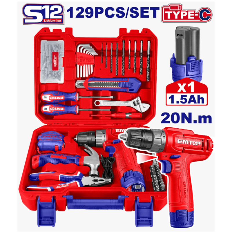 Valise d'Outils Emtop EEDK12901 129 Pièces Rouge & Bleu en Tunisie