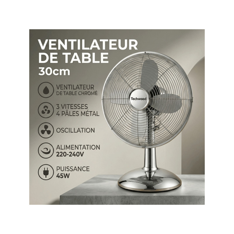Ventilateur De Table Techwood TVI-339 45W Chrome en Tunisie