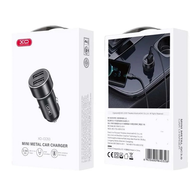 Chargeur Voiture XO Dual USB CC53 12W Avec Câble USB-C Noir En Tunisie