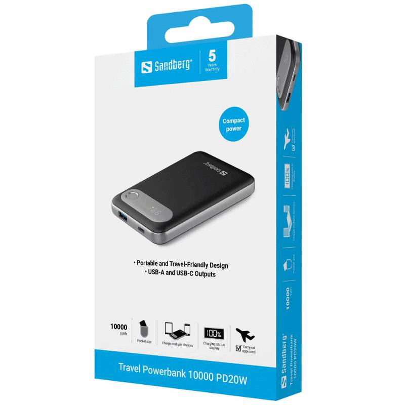 Power Bank Sandberg 421-16 10000 mAh 22.5 W Noir en Tunisie