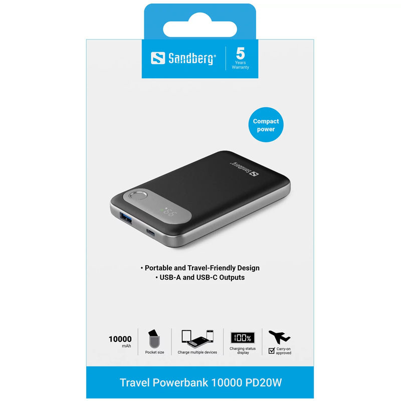 Power Bank Sandberg 421-16 10000 mAh 22.5 W Noir en Tunisie
