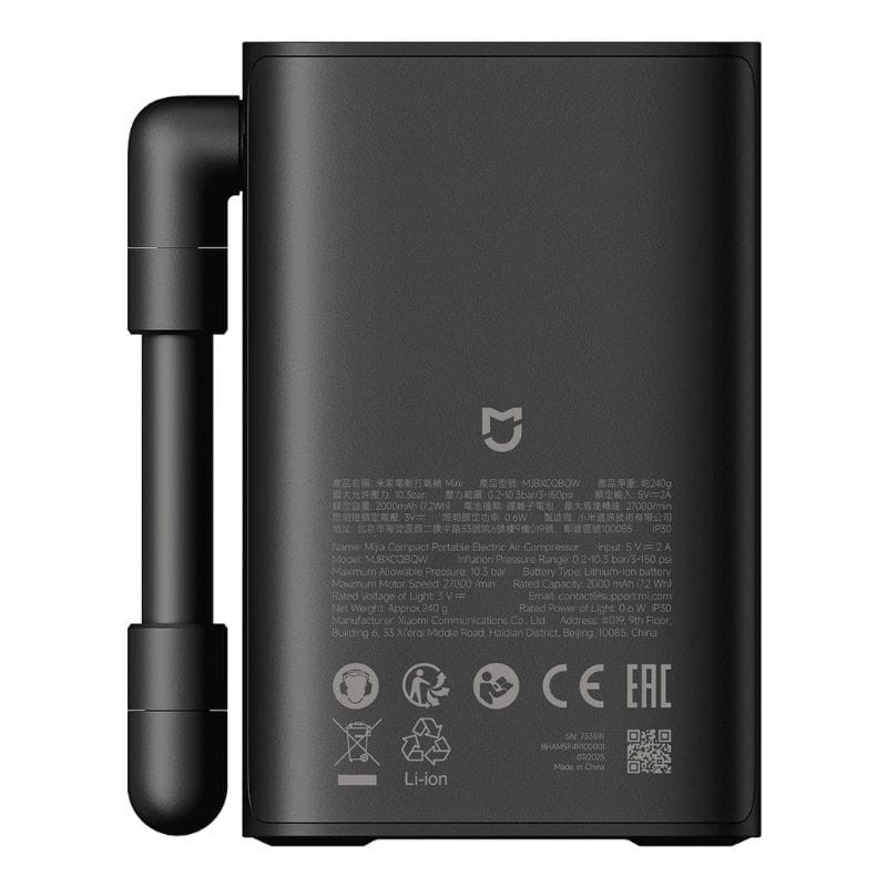 Compresseur D’air Électrique Portable Xiaomi Mijia Compact 2000mAh Noir En Tunisie