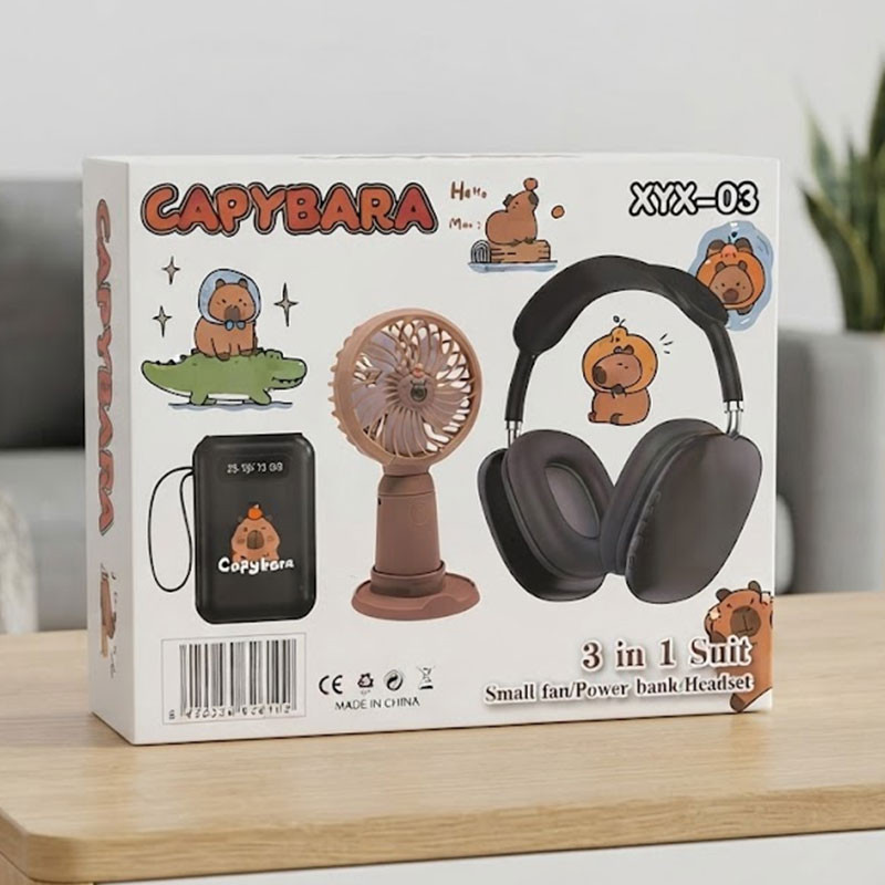Pack 3en1 Capybara XYX-03 Casque Bluetooth + Power Bank + Ventilateur Portable en Tunisie