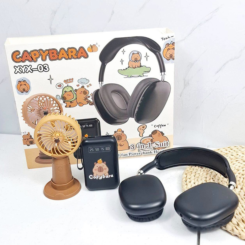 Pack 3en1 Capybara XYX-03 Casque Bluetooth + Power Bank + Ventilateur Portable en Tunisie