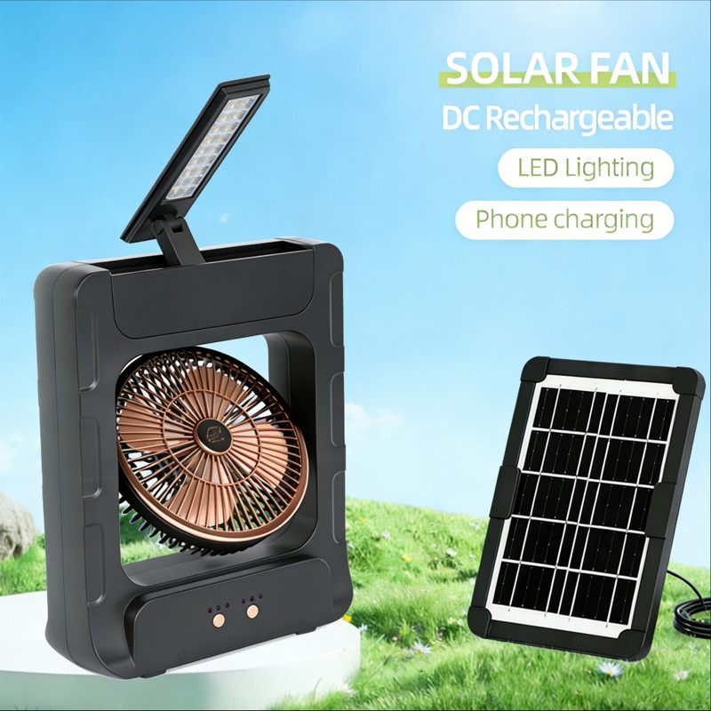 Ventilateur Solaire Rechargeable CC302BT + Lampe LED + Radio FM + Chargeur Noir en Tunisie