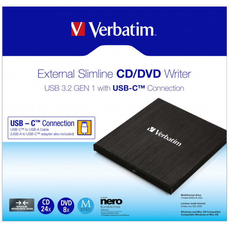 Graveur CD/DVD Externe Verbatim Ultra Mince USB-C Noir en Tunisie