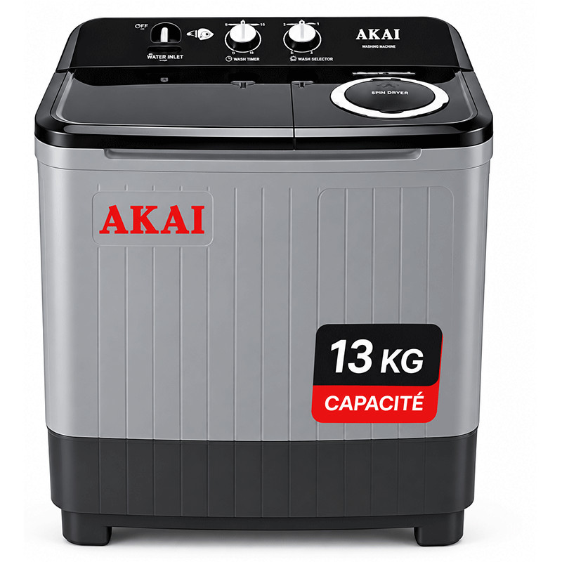 Machine à Laver Semi Automatique Akai AK-WM13TA 13Kg Silver en Tunisie