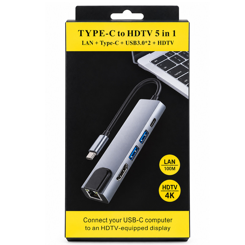 Adaptateur Multifonction 5 En 1 Type-C Gris En Tunisie