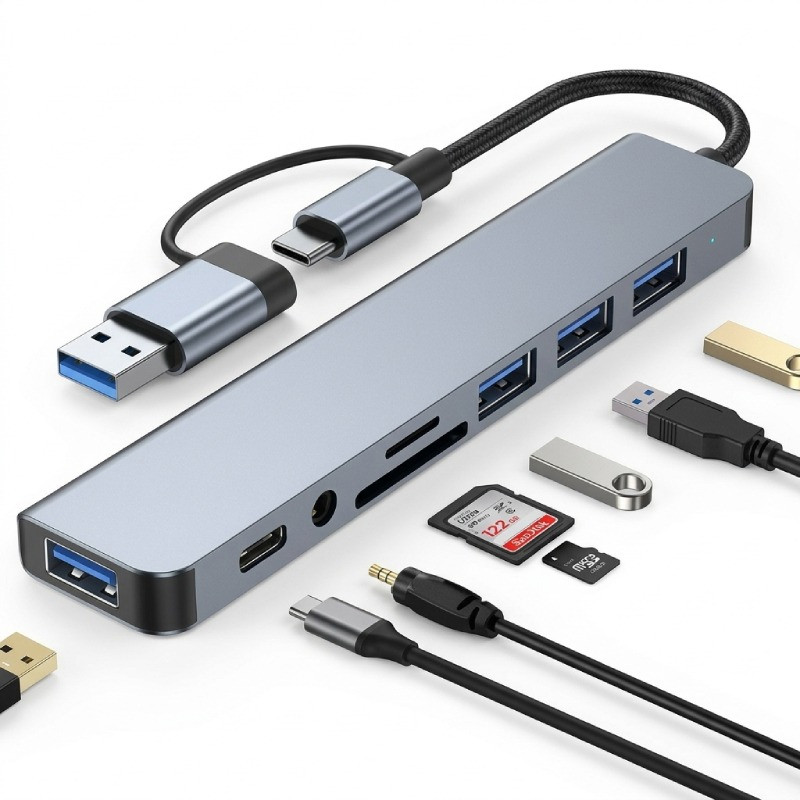 Adaptateur Multifonction 8En1 Type-C/USB Silver en Tunisie