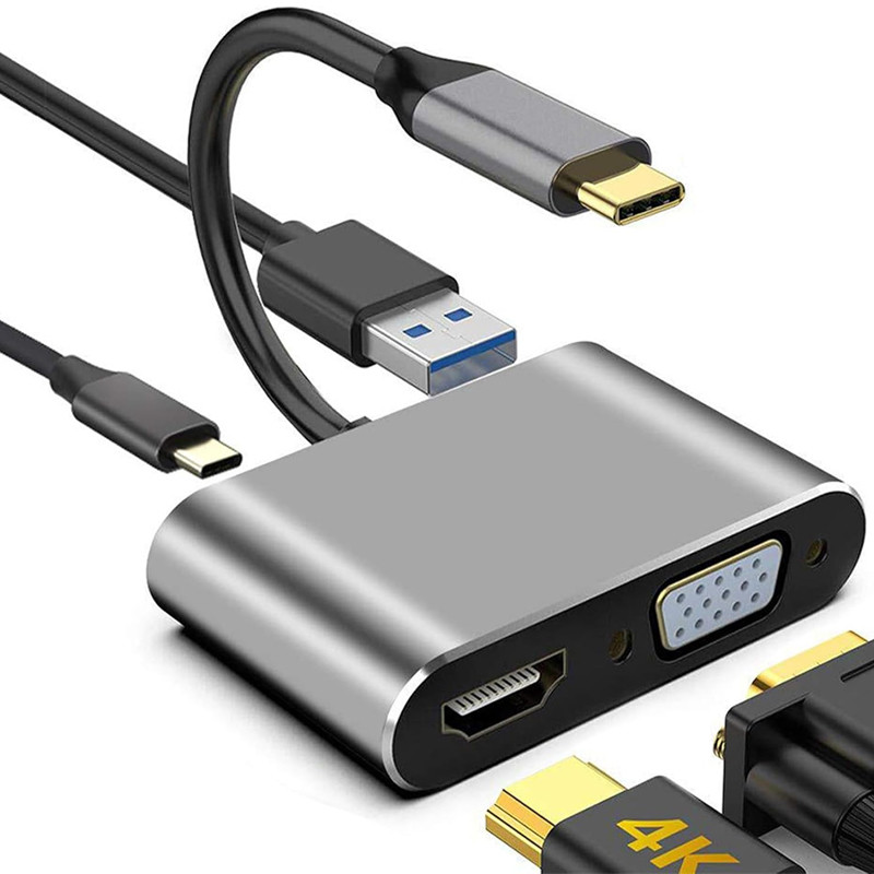 Adaptateur 4En1 Type-C Vers USB-C + Hub PD + HDMI + VGA + USB Silver en Tunisie