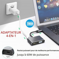 Adaptateur 4En1 Type-C Vers USB-C + Hub PD + HDMI + VGA + USB Silver en Tunisie