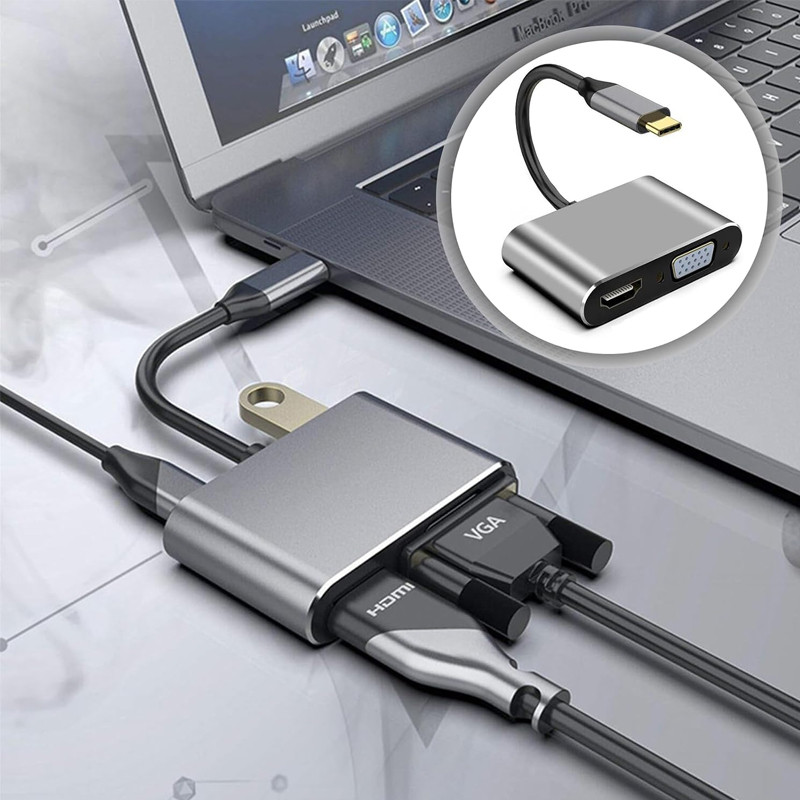 Adaptateur 4En1 Type-C Vers USB-C + Hub PD + HDMI + VGA + USB Silver en Tunisie