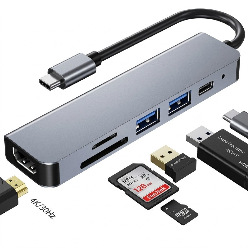 Adaptateur Multifonction 6En1 Type-C Silver en Tunisie