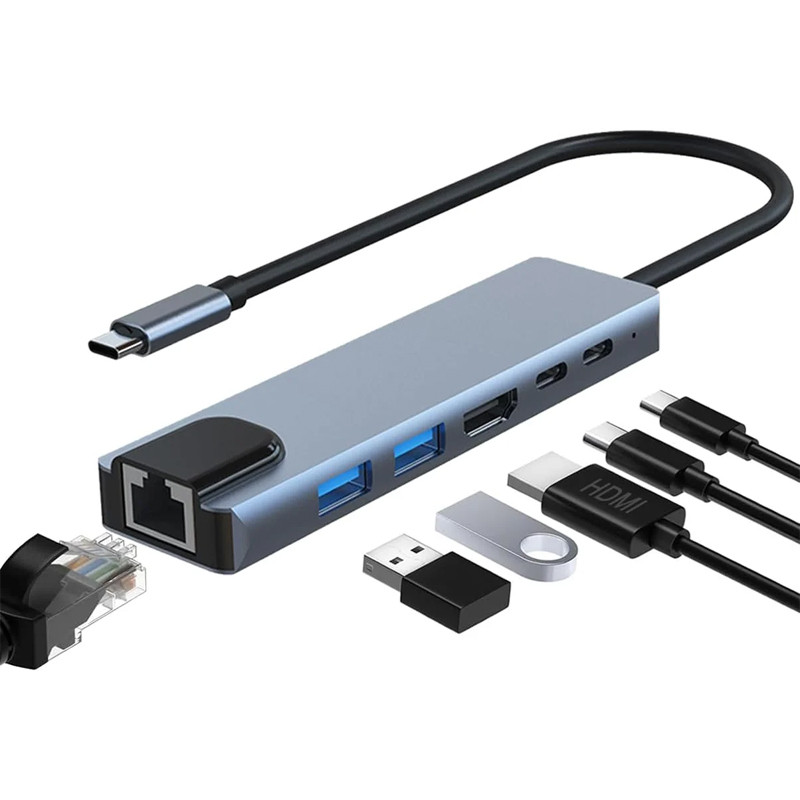 Adaptateur Multifonction 6En1 Type-C Vers HDMI + USB-C + RJ45 Gris EN Tunisie