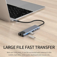 Adaptateur Multifonction 6En1 Type-C Vers HDMI + USB-C + RJ45 Gris EN Tunisie