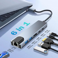 Adaptateur Multifonction 6En1 Type-C Vers HDMI + USB-C + RJ45 Gris EN Tunisie