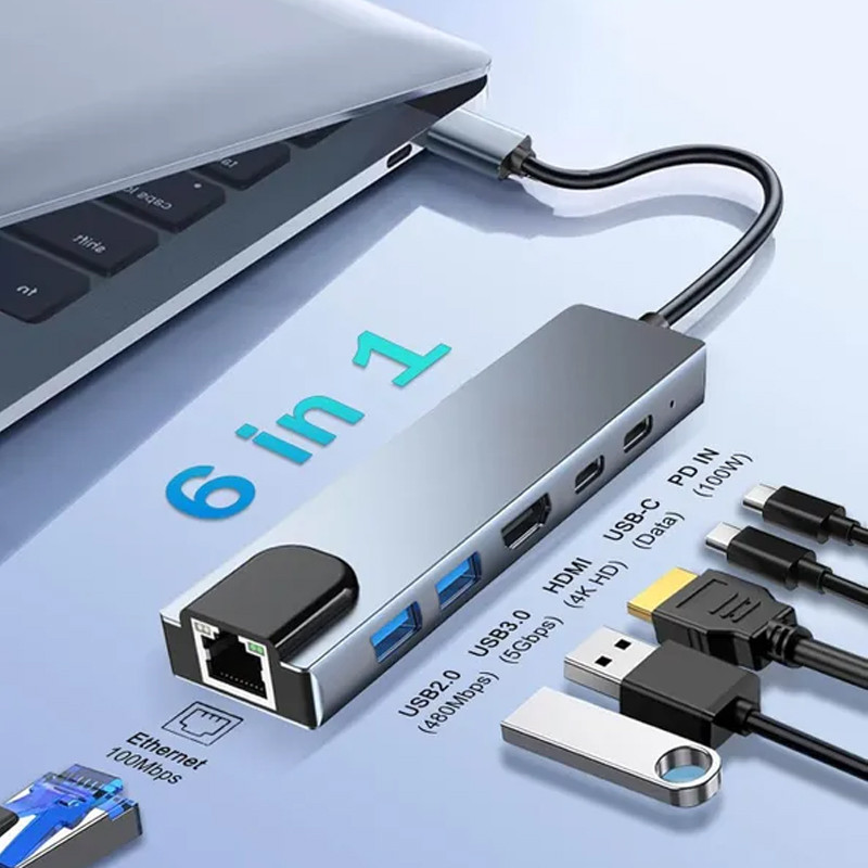 Adaptateur Multifonction 6En1 Type-C Vers HDMI + USB-C + RJ45 Gris EN Tunisie
