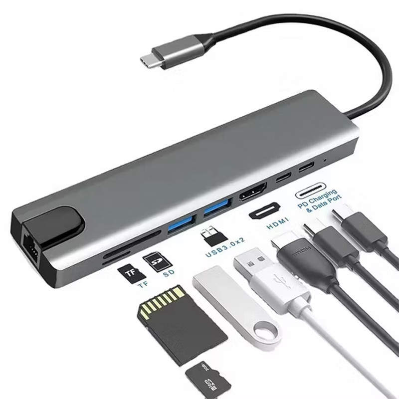 Adaptateur Multifonction 8En1 Type-C Vers HDMI + USB-C + RJ45 + TF + SD Gris en Tunisie