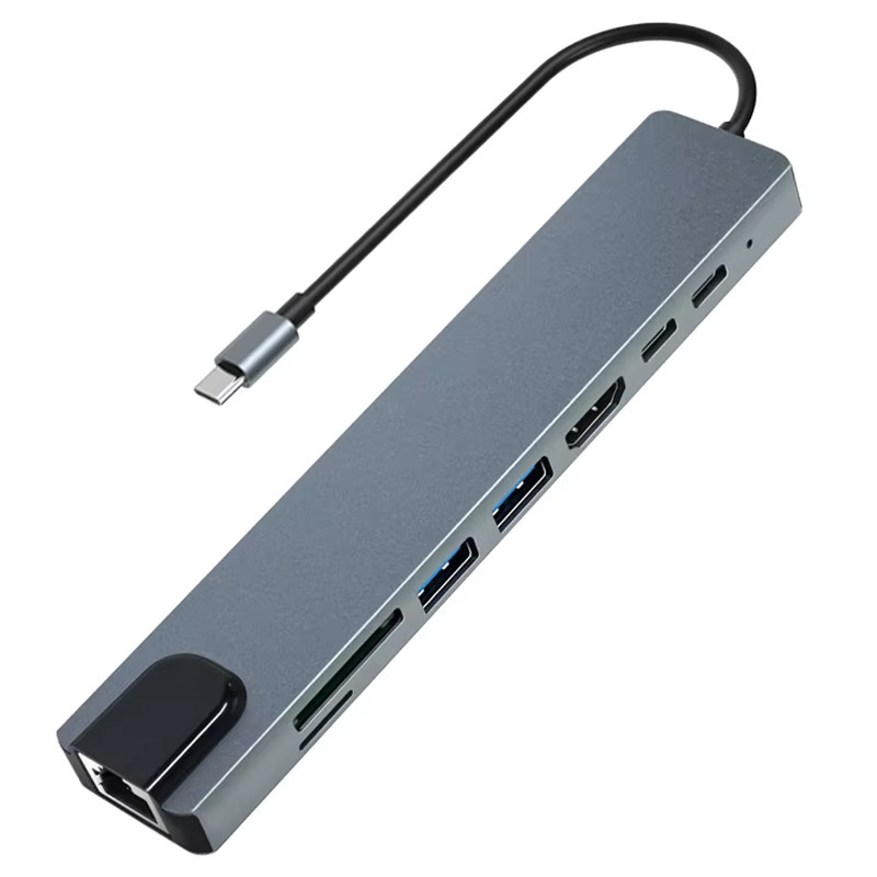 Adaptateur Multifonction 8En1 Type-C Vers HDMI + USB-C + RJ45 + TF + SD Gris en Tunisie