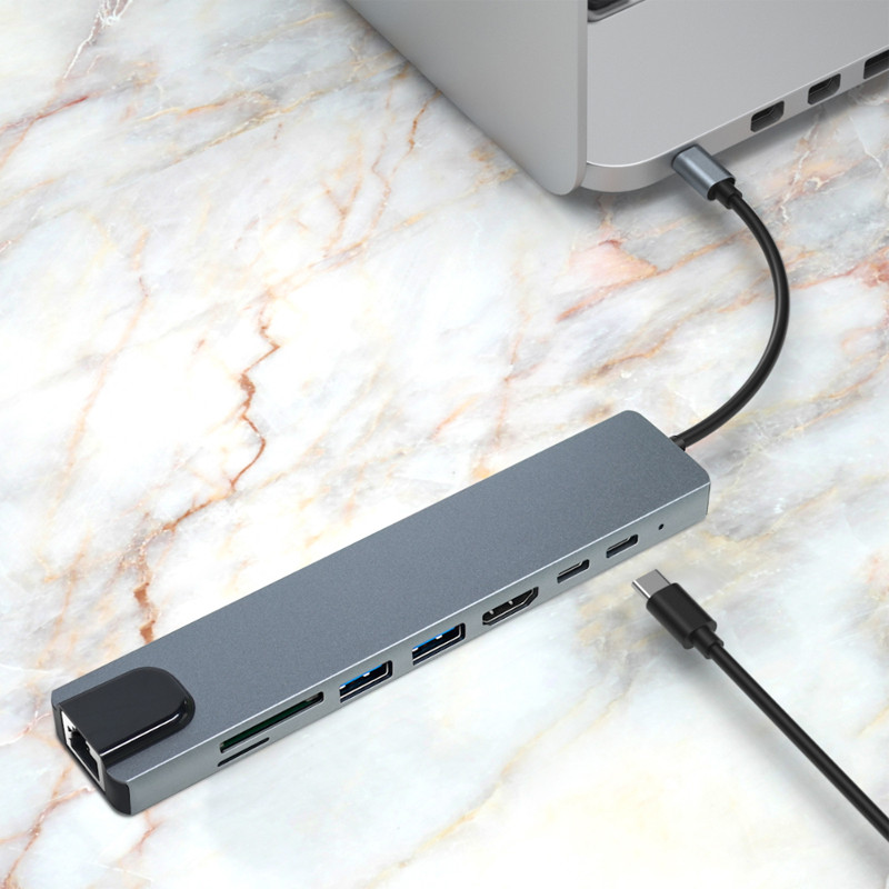 Adaptateur Multifonction 8En1 Type-C Vers HDMI + USB-C + RJ45 + TF + SD Gris en Tunisie