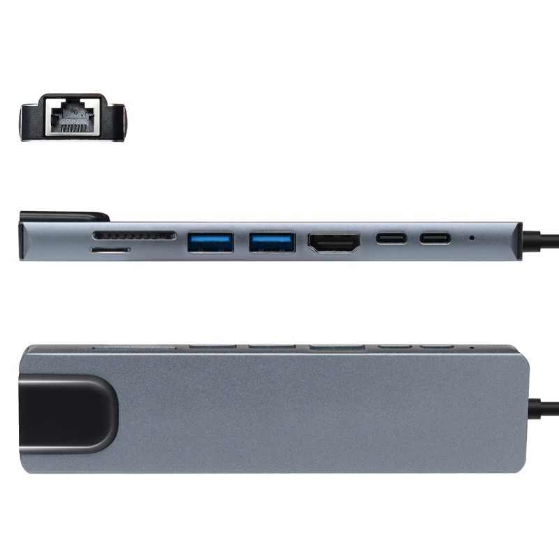Adaptateur Multifonction 8En1 Type-C Vers HDMI + USB-C + RJ45 + TF + SD Gris en Tunisie