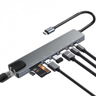 Adaptateur Multifonction 8En1 Type-C Vers HDMI + USB-C + RJ45 + TF + SD Gris en Tunisie