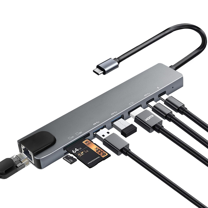 Adaptateur Multifonction 8En1 Type-C Vers HDMI + USB-C + RJ45 + TF + SD Gris en Tunisie