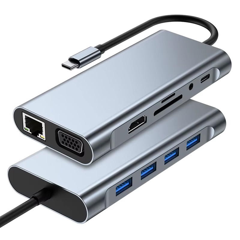Adaptateur Multifonction 11En1 Type-C Vers HDMI + VGA + USB-C + RJ45 + TF/SD + Aux Gris en Tunisie
