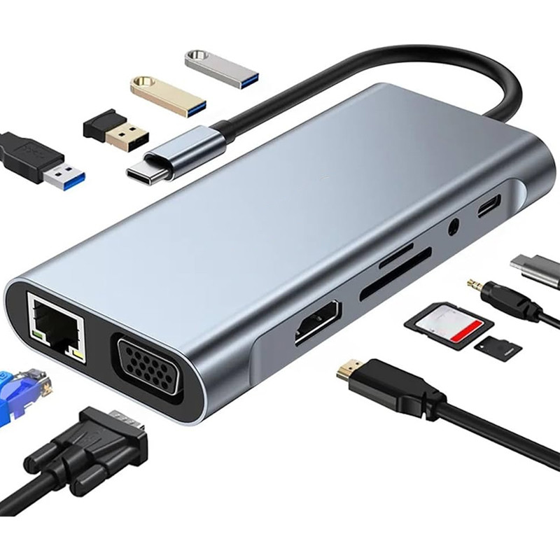 Adaptateur Multifonction 11En1 Type-C Vers HDMI + VGA + USB-C + RJ45 + TF/SD + Aux Gris en Tunisie