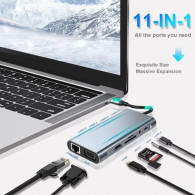 Adaptateur Multifonction 11En1 Type-C Vers HDMI + VGA + USB-C + RJ45 + TF/SD + Aux Gris en Tunisie