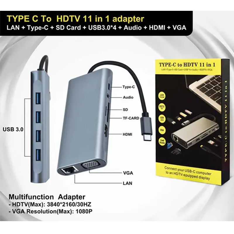 Adaptateur Multifonction 11En1 Type-C Vers HDMI + VGA + USB-C + RJ45 + TF/SD + Aux Gris en Tunisie