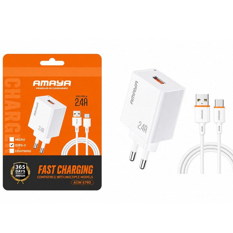 Chargeur Amaya ACW-E79D USB Vers Type C Blanc en Tunisie