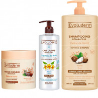 PACK EVOLUDERM: SHAMPOING + MAQSQUE REPARATEUR DELICE DE KARITE 1000ML+ LAIT CORPS HYDRATANT