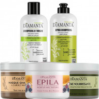 Pack DIAMANTA Olive : shampoing argile + après shampoing +crème main+masque ghassoul à l'argile marron +pâte dépilatoire au miel