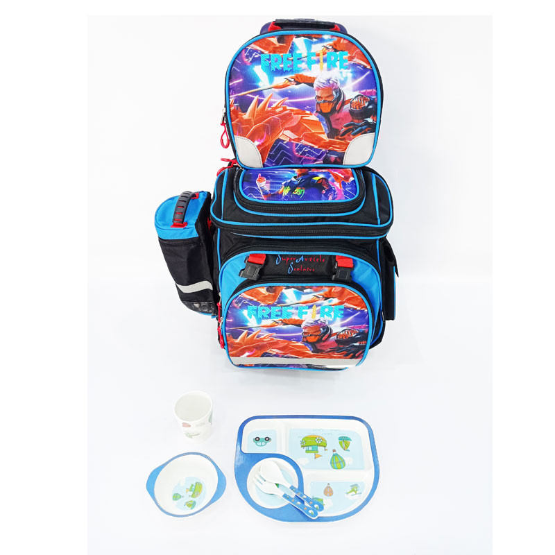 Pack Scolaire 5en1 Free Fire : Sac à Dos + Panier À Goûter + Chariot + Lunchbox + Trousse