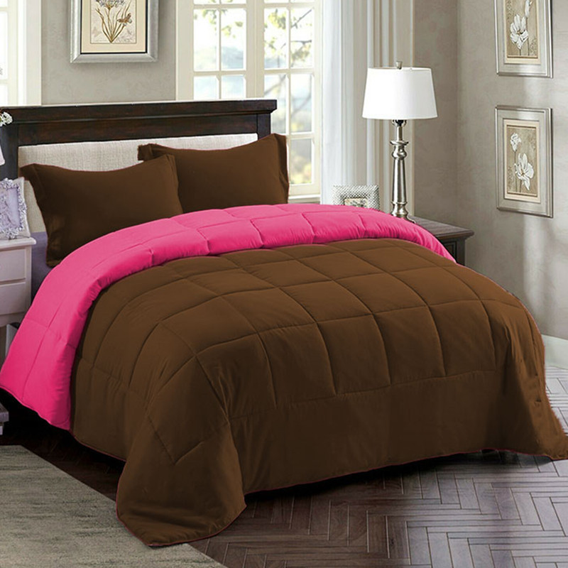 Couette 2 Places Double Faces Marron Et Rose + 2 Taies D’oreillers Gratuits 220 X 240 cm