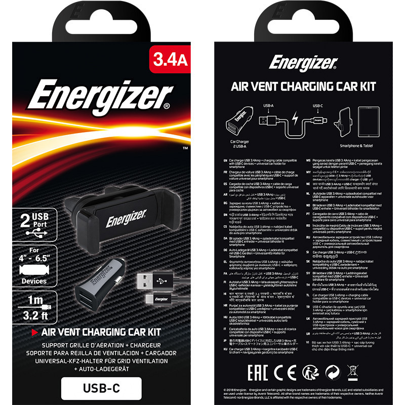 Kit Voiture Energizer 2 USB + Câble USB-C + Support Clip