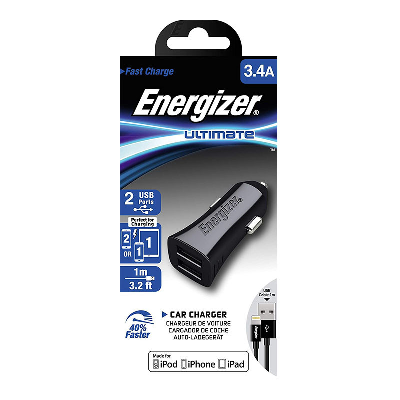 Chargeur Voiture Energizer 2 Ports USB + Câble Lightning