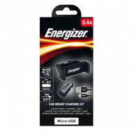 Kit Voiture Energizer 3.4A 2 USB + Câble Micro-USB + Support Clip