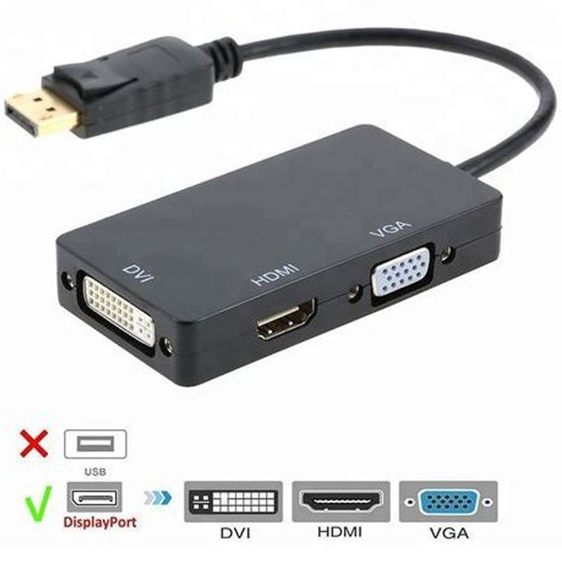 Adaptateur 3 En 1 Display Port Vers HDMI/DVI/VGA Noir