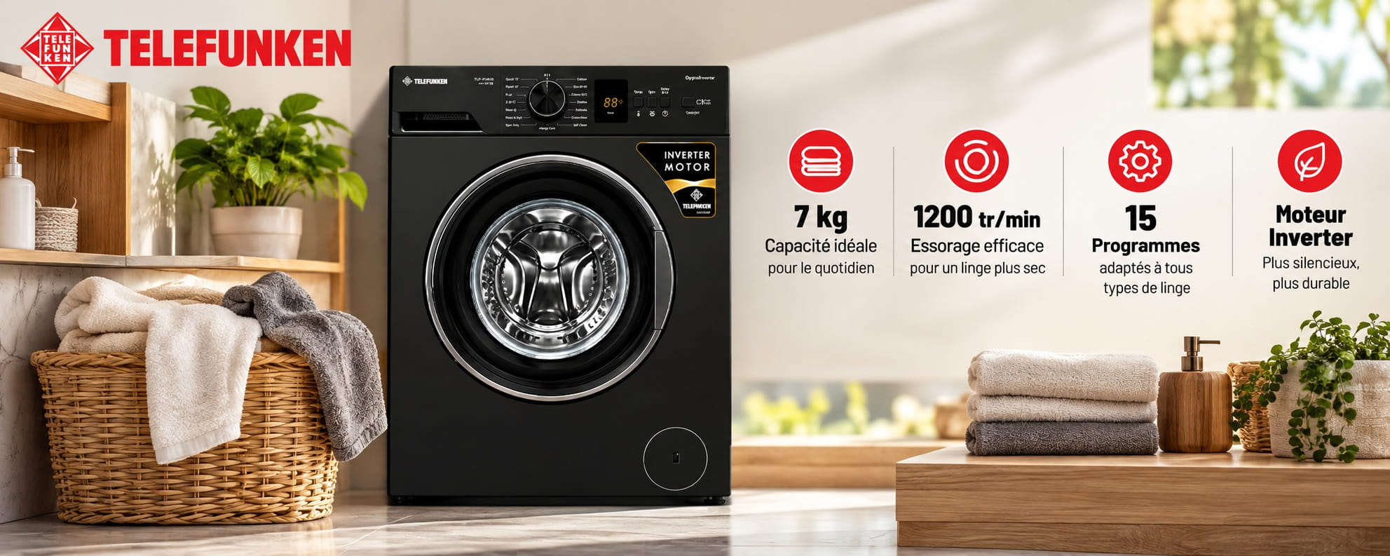  Lave Linge Automatique TELEFUNKEN 7KG INVERTER / Noir