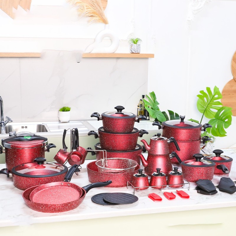 Batterie de Cuisine Falez 53 Pièces Granite Rouge – Au Meilleur Prix en Tunisie