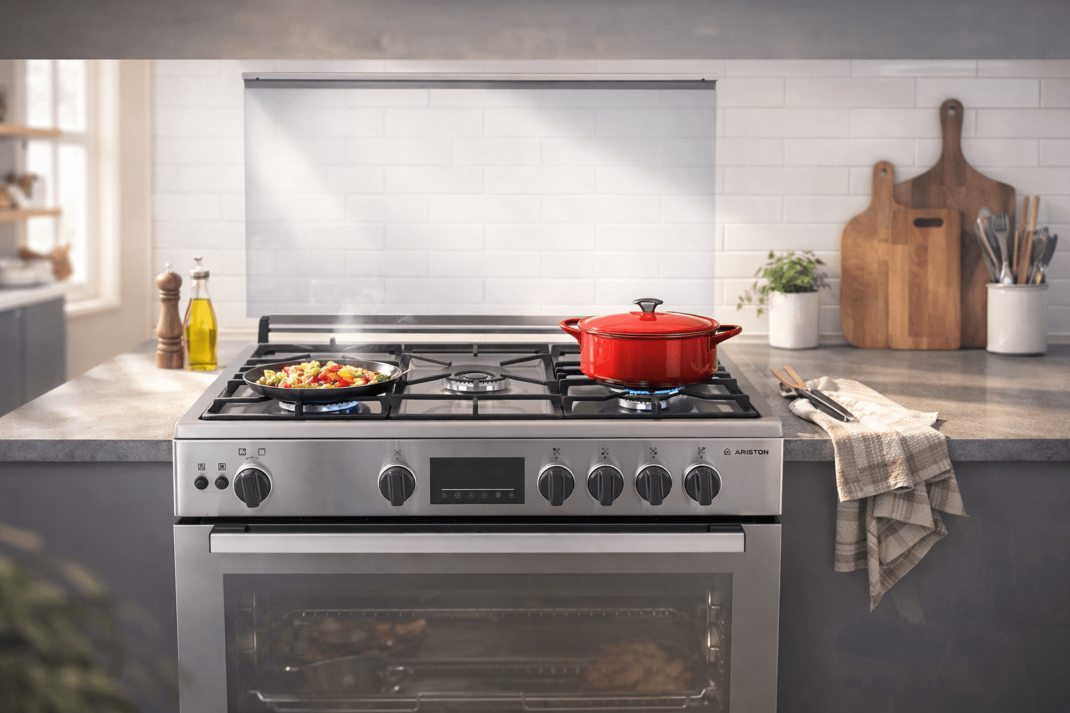 Ariston ARR9GGF33229XNA 5-Burner Stainless Steel Gas Cooker with Digital Display, 90 cm Size